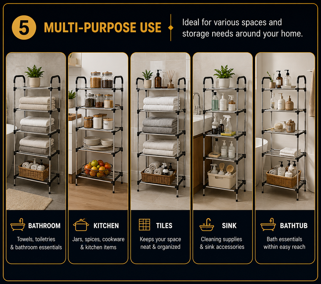 5 Tier Multi-Purpose Shoe Rack Organizer | Space Saving Metal Storage Shelf for Home