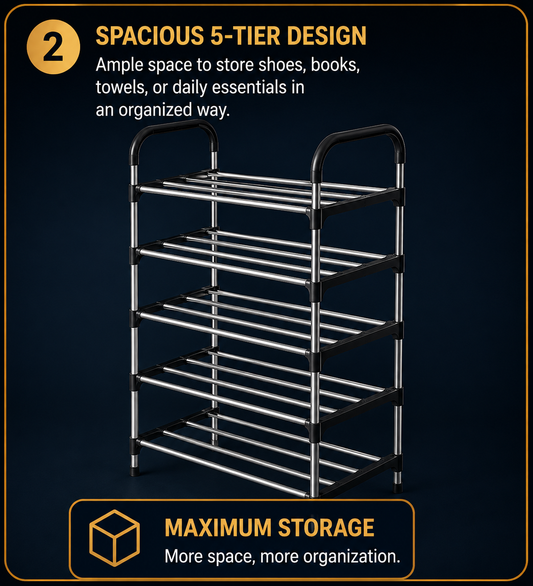 5 Tier Multi-Purpose Shoe Rack Organizer | Space Saving Metal Storage Shelf for Home
